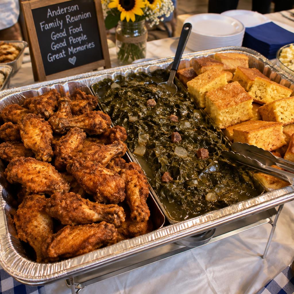 Fried wings, collard greens and cornbread at a family reunion