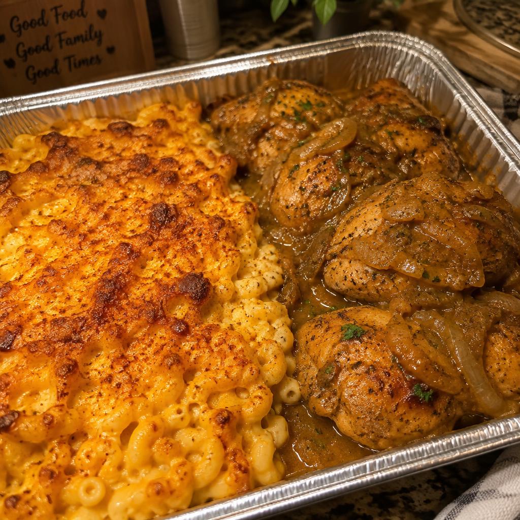Half pan of baked mac and cheese and smothered chicken